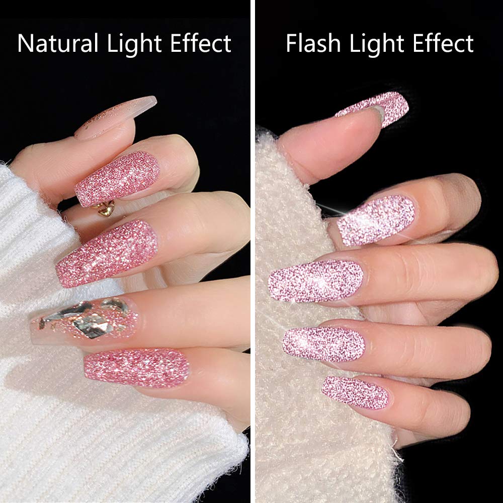MIZHSE Diamond Gel Nail Polish - Reflective Glitter Pink Soak Off LED Gel Polish for Manicure | Sparkly Shiny Shimmer Nail Art Varnish | DIY at Home for Beginners | Perfect for Parties, Weddings & Special Occasions