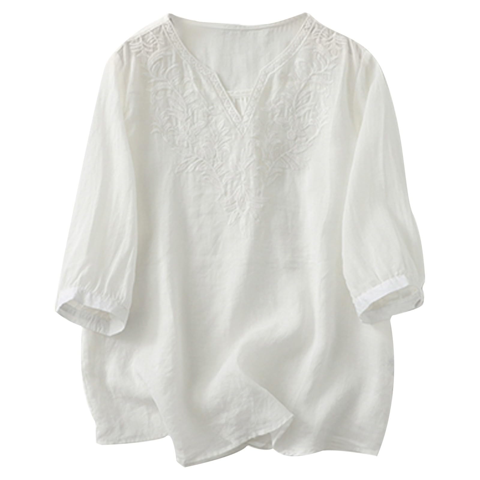 2024 Women's Summer Tops - Soft Cotton Linen V-Neck Short Sleeve T-Shirt with Embroidery | Casual Loose Blouse for Everyday Wear, Beach Outings & Office Outfits