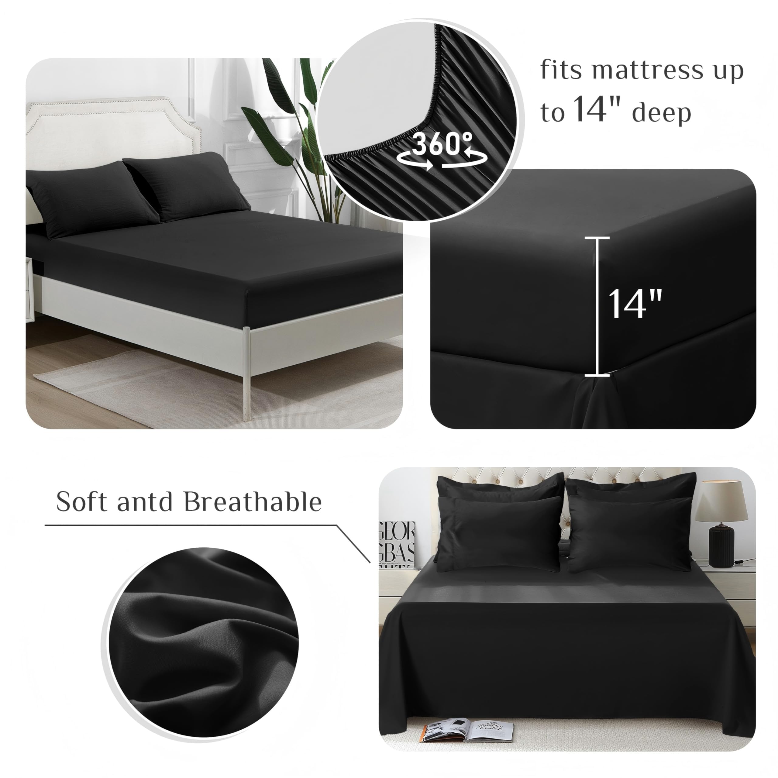 JOLLYVOGUE 7-Piece Queen Comforter Set - Ultra Soft Black Bed in a Bag | Goose Down Alternative | Premium 1800 Series with Comforter, Sheets, Shams & Pillowcases - Perfect for Master Bedroom, Guest Room & Cozy Home Decor
