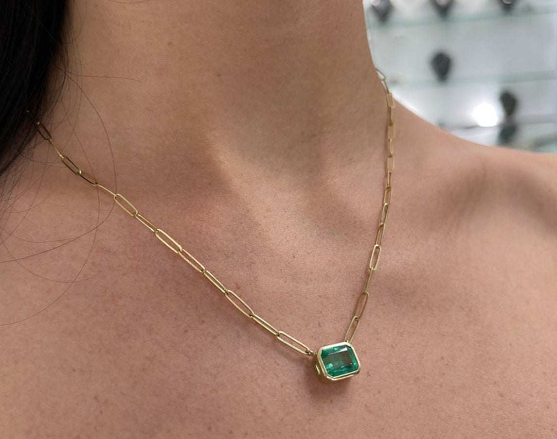 2.80ct Natural Colombian Emerald Paper Clip Necklace in 14K Gold - Elegant East to West Design for Office, Gifts & Special Occasions
