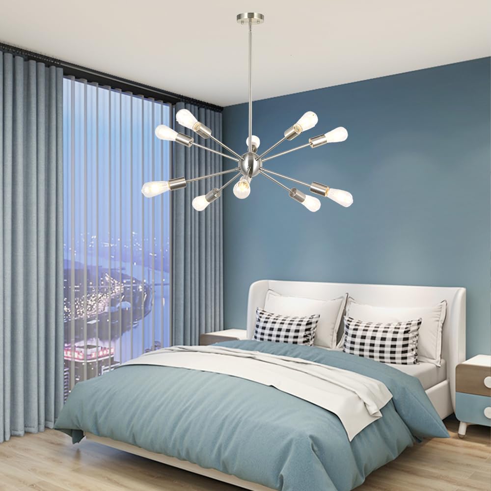 BONLICHT 10-Light Sputnik Chandelier - Modern Starburst Ceiling Light Fixture in Brushed Nickel - Mid Century Pendant Lighting for Kitchen, Dining Room, Living Room & Entryway - Perfect for Contemporary Home Decor and Entertaining Spaces
