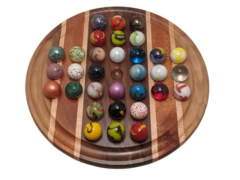 Handmade Marble Solitaire Board Game with Glass Marbles - 16 Inch Classic Wooden Board with Bold Stripes - Perfect for Family Game Night, Kids Educational Toys & Stress Relief Gifts