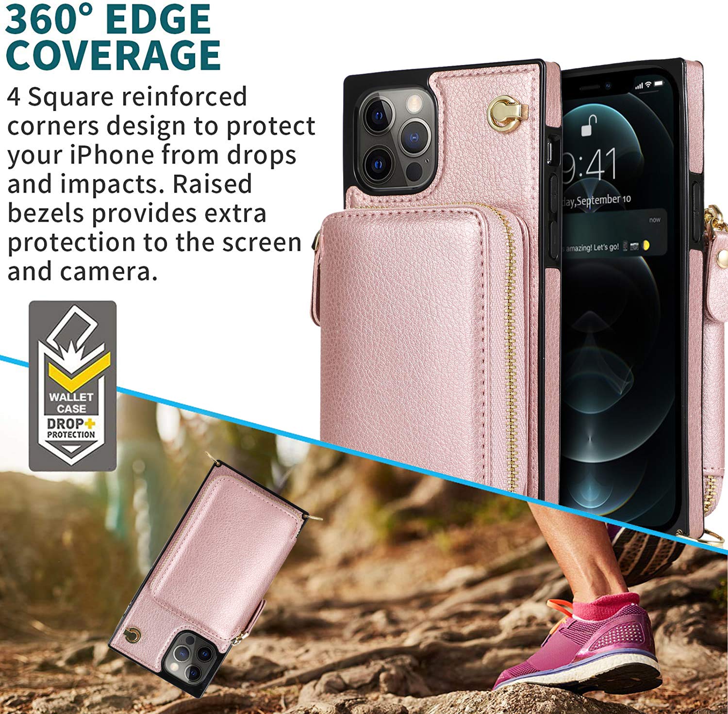 DEFBSC Crossbody Wallet Phone Case for iPhone 12 Pro Max (6.7 Inch) - Rose Gold Zipper Card Holder with Shoulder Strap & Wristlet | Perfect for Travel, Shopping & Everyday Use