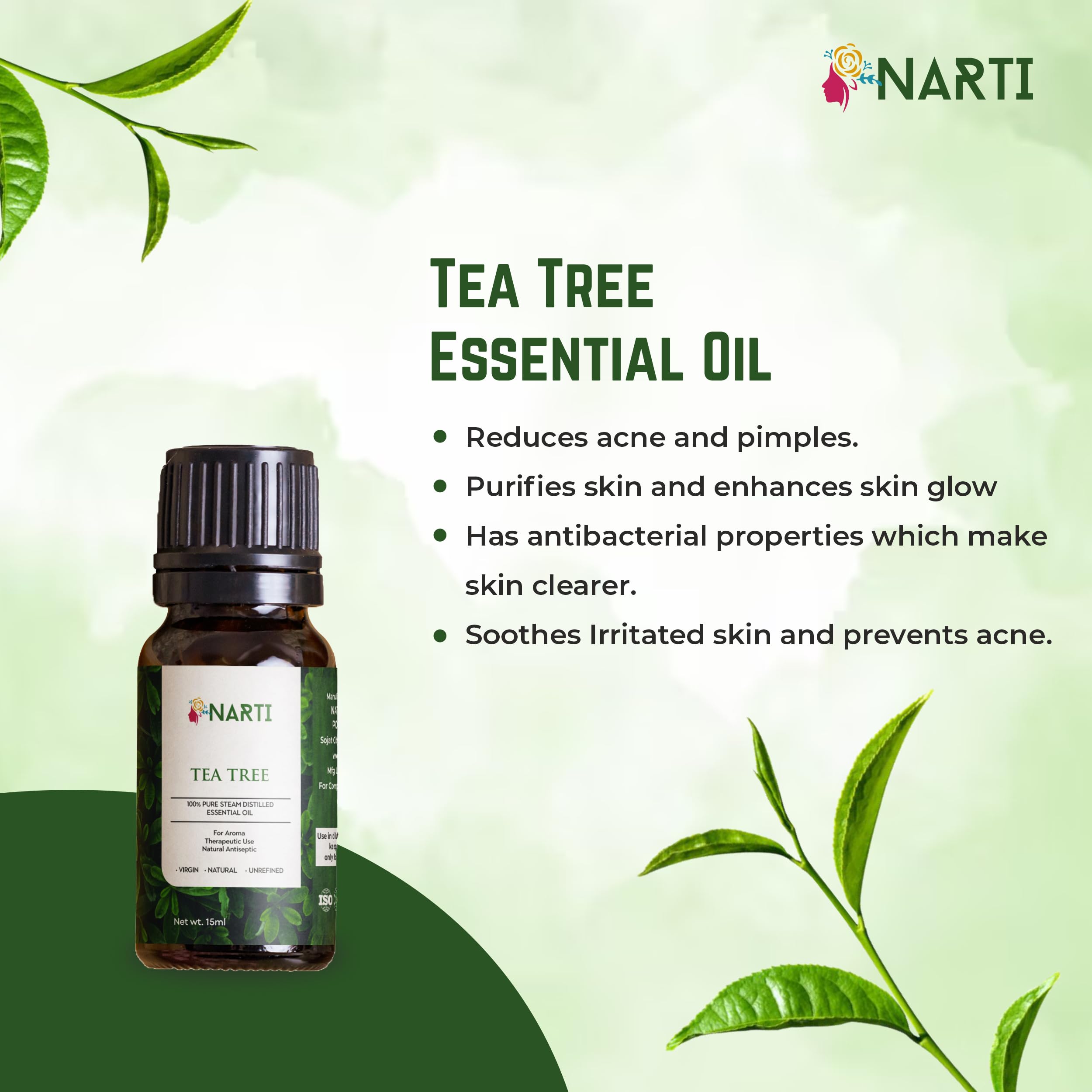 NARTI 100% Pure Tea Tree Essential Oil for Acne, Pimples & Scars - Natural Skin & Hair Care Treatment, Non-GMO, Synthetic-Free (30ml) - Perfect for DIY Beauty Recipes & Aromatherapy
