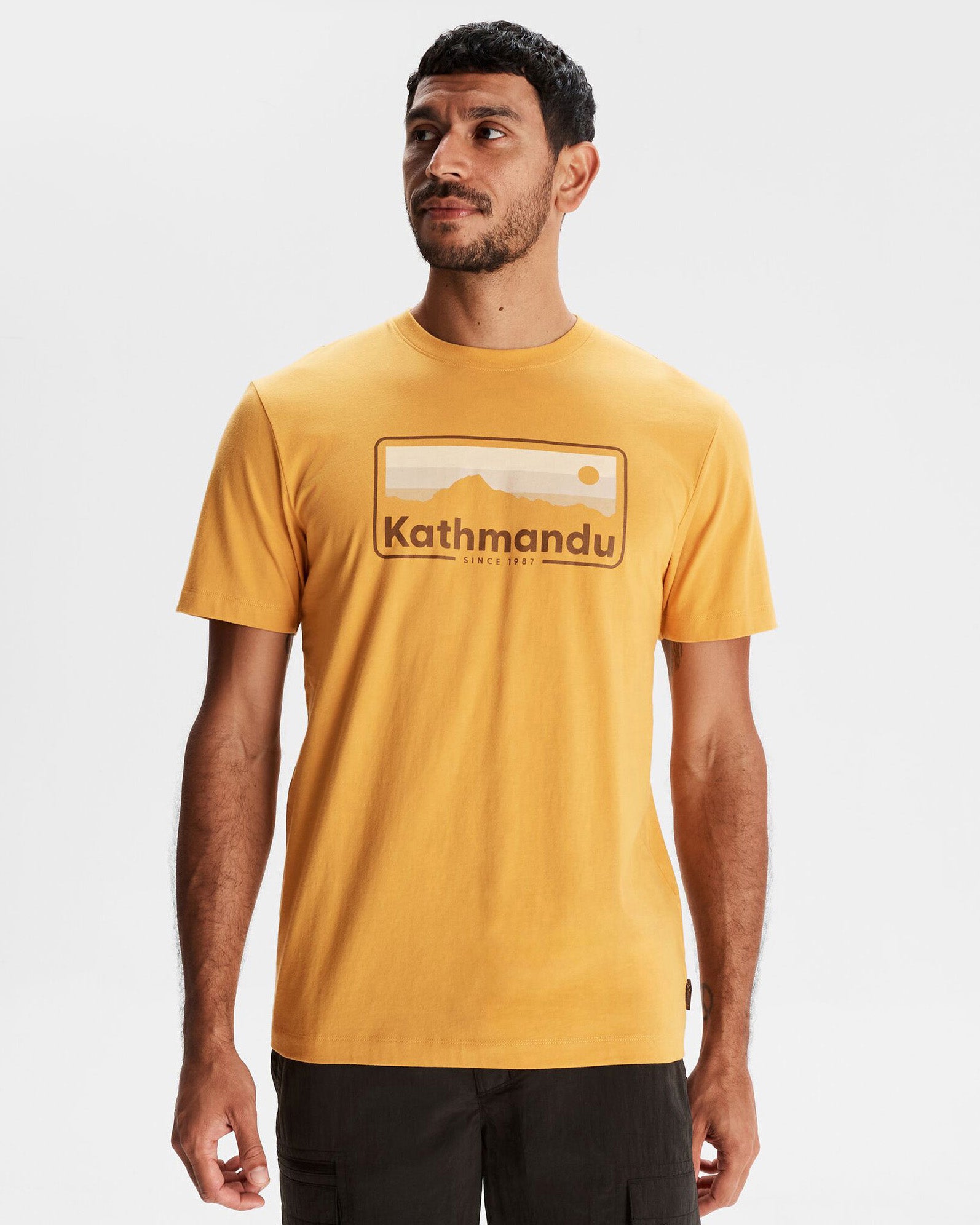 Men's Kathmandu Logo 70's Vintage Organic Cotton T-Shirt - Mustard Yellow - Casual Retro Style for Everyday Wear & Outdoor Adventures