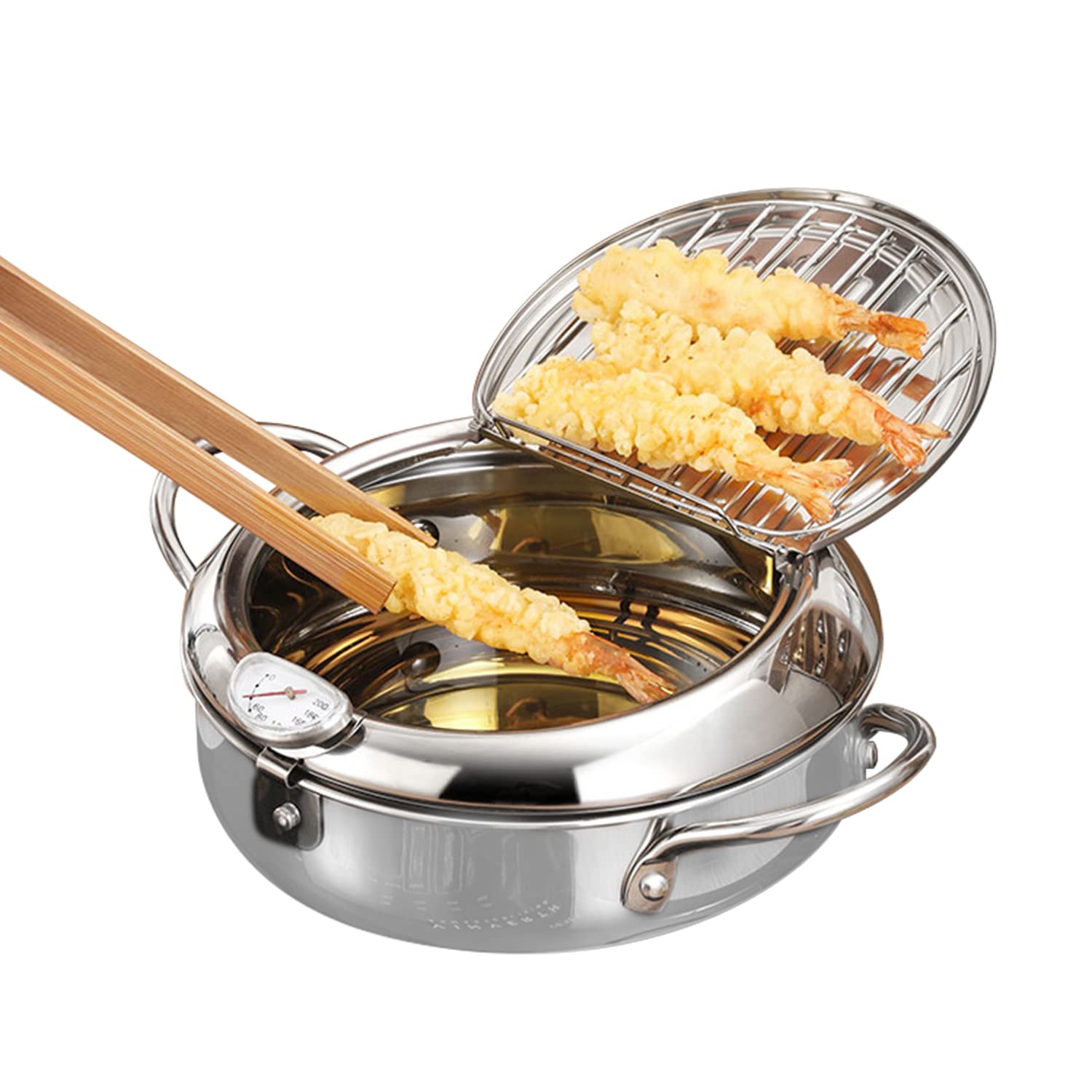 Stainless Steel Non-Electric Fryer Pot with Thermometer Lid & Oil Drain Rack - 20cm/7.87