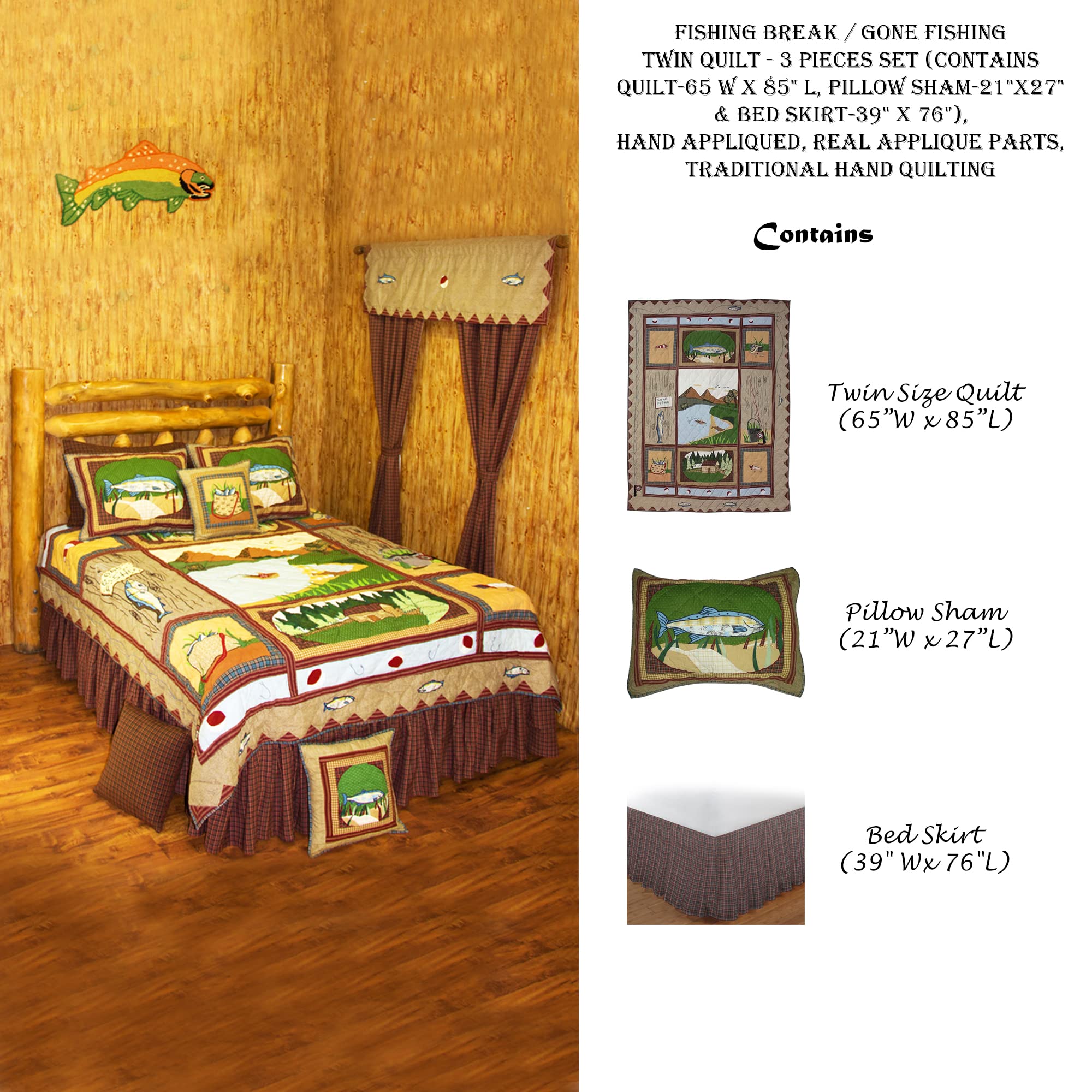 Handmade Gone Fishing Twin Quilt Set - 3 Piece Cotton Bedding (65