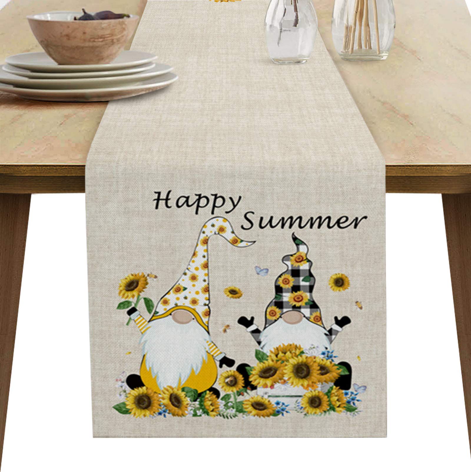Sunflower Gnomes Hello Summer Table Runner - 108 Inch Long Farmhouse Burlap Dining Tablecloth for Coffee Table, Kitchen Island, Party Decor - Rustic Nature Home Decor - Perfect for Summer Gatherings, Picnics, and Farmhouse Themed Events (13
