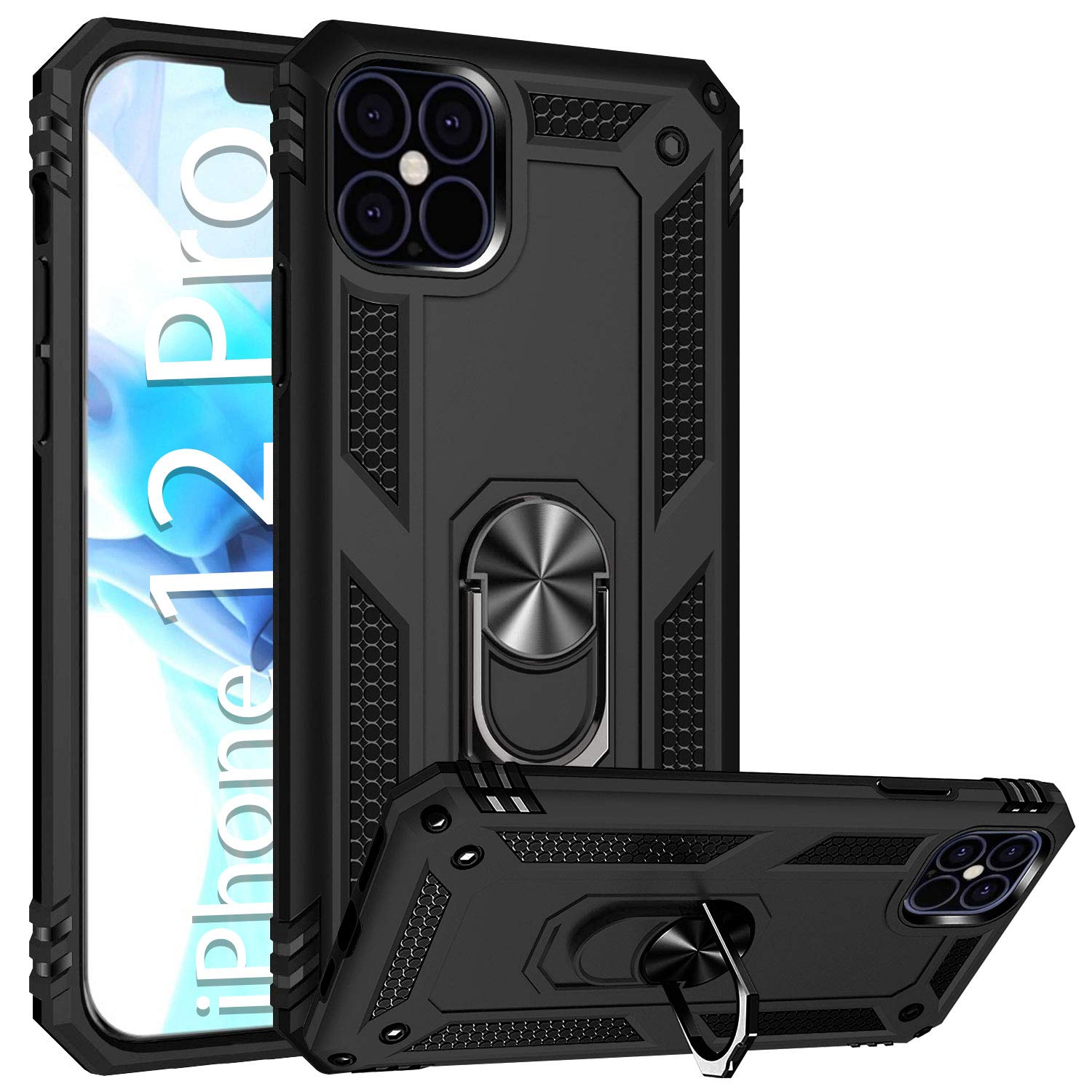 Shockproof Heavy Duty TPU Phone Case for Apple iPhone 12/12 Pro - Slim Fit Protective Cover with Ring Holder & Kickstand, All Around Protection (Black) | Perfect for Outdoor Activities, Travel & Daily Use