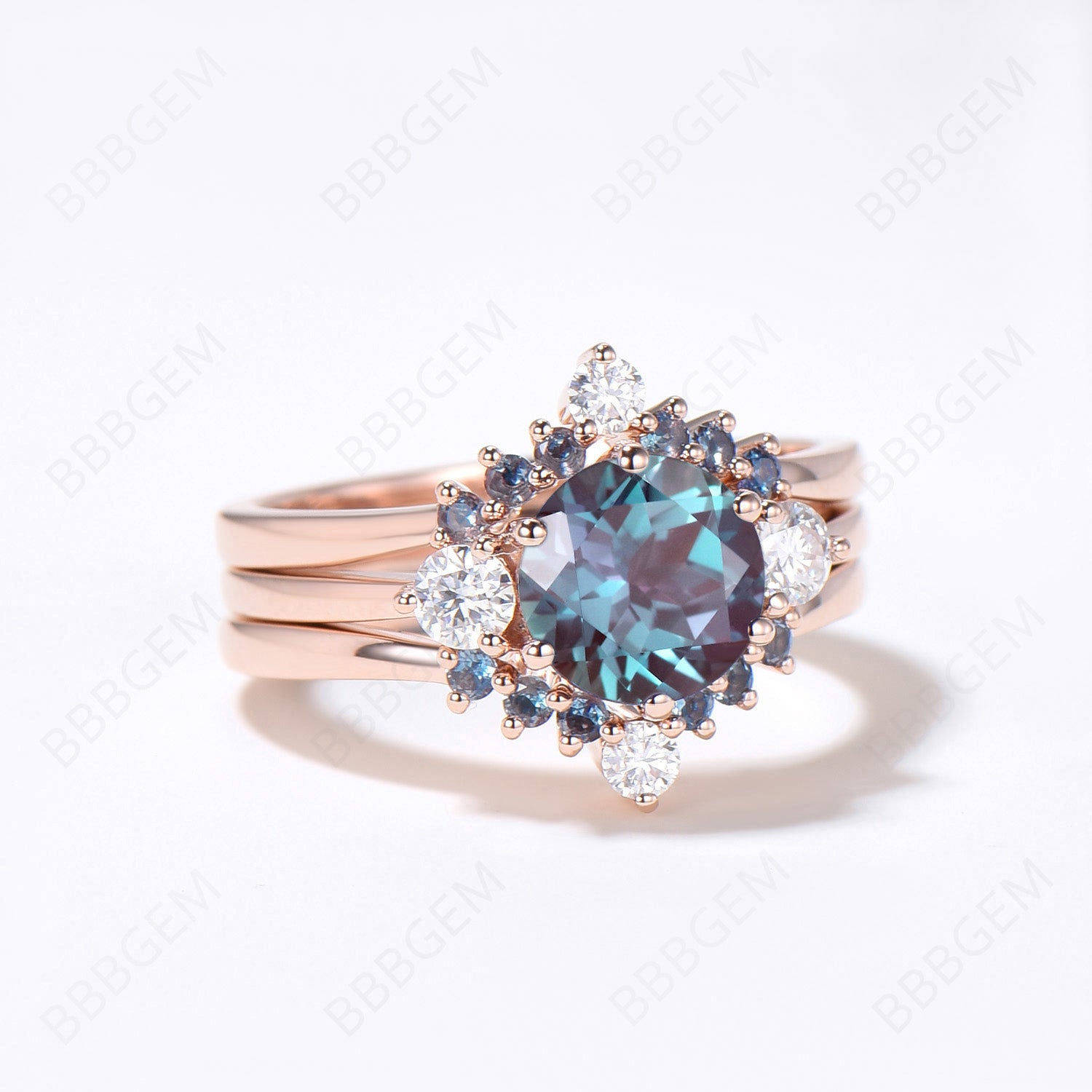 3pcs 14K Gold Alexandrite Bridal Ring Set - Round Moissanite Engagement Ring & Wedding Band with Three Stone Cluster for Women | Perfect for Proposals, Anniversaries, and Bridal Jewelry Gifts