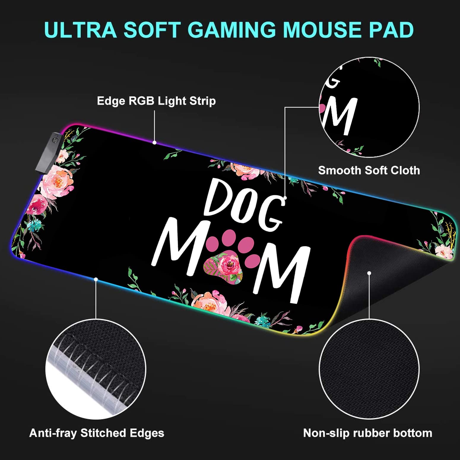 RGB Gaming Mouse Pad - Large LED Light-Up Desk Mat with Non-Slip Waterproof Surface | Floral Design for Gamers & Dog Lovers | Perfect for PC Gaming, Office Work & Home Decor