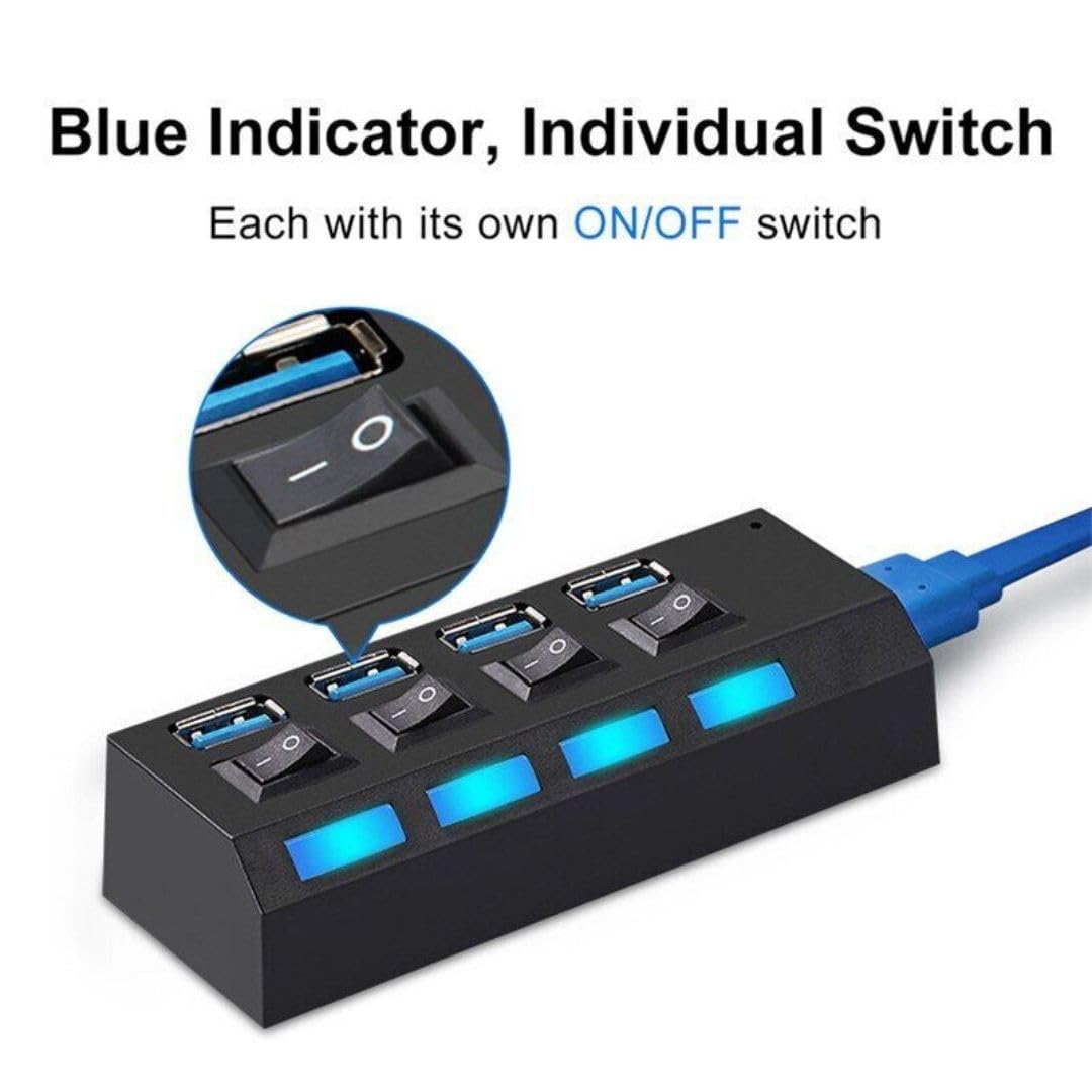 4-Port USB 2.0 Hub with LED Indicators & Power Switches - Portable USB Splitter Adapter for Laptop, PC, Mac, Gaming & Office Use - High-Speed Data Transfer & Multi-Device Charging Station