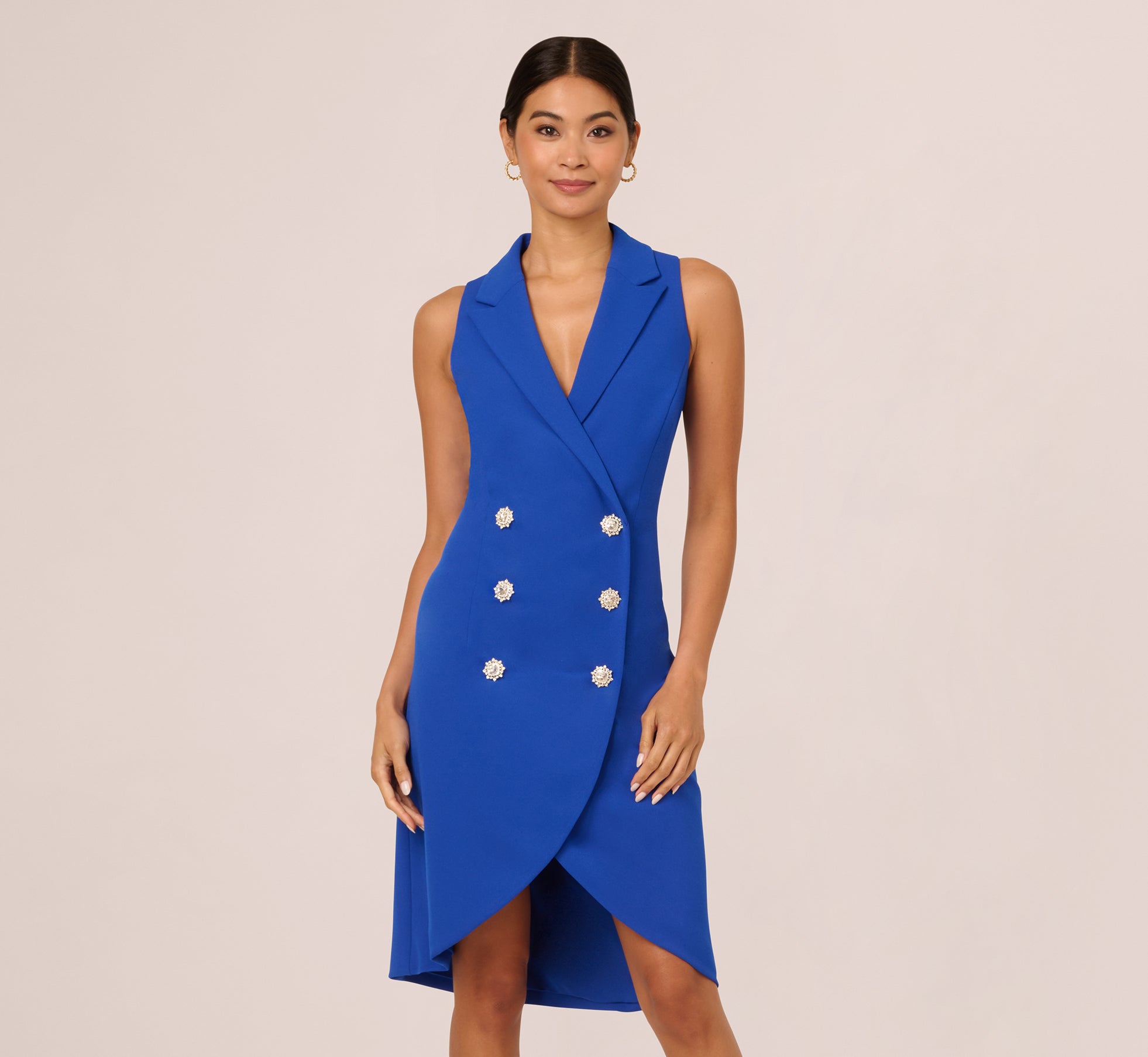 Elegant Deep Sapphire Jewel Button Tuxedo Short Dress for Women | Formal Cocktail Party & Evening Wear | Perfect for Weddings, Prom, and Special Occasions