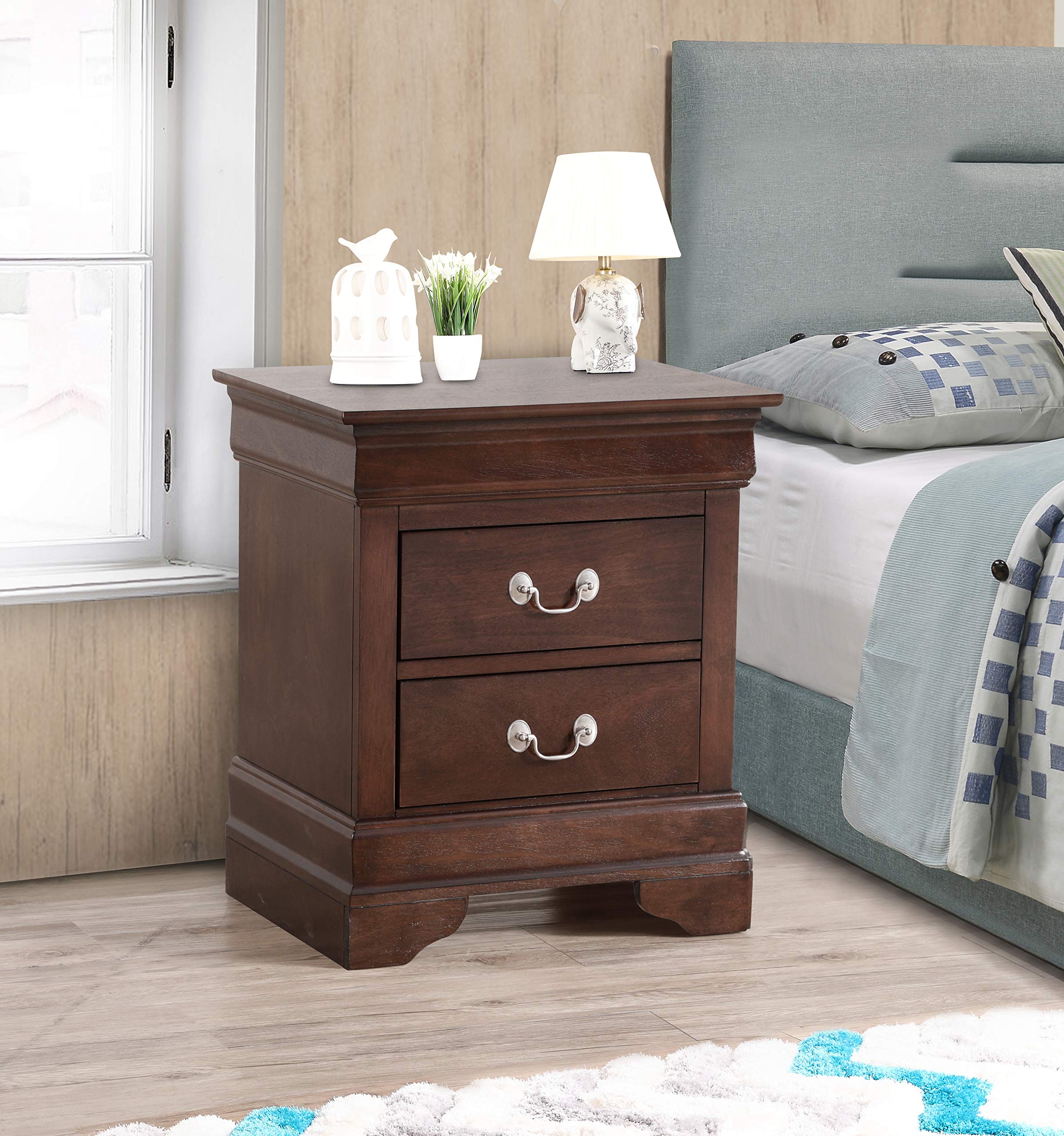 Glory Furniture Louis Phillipe 2-Drawer Nightstand in Cappuccino Finish - Elegant Bedside Table for Bedroom Decor & Storage