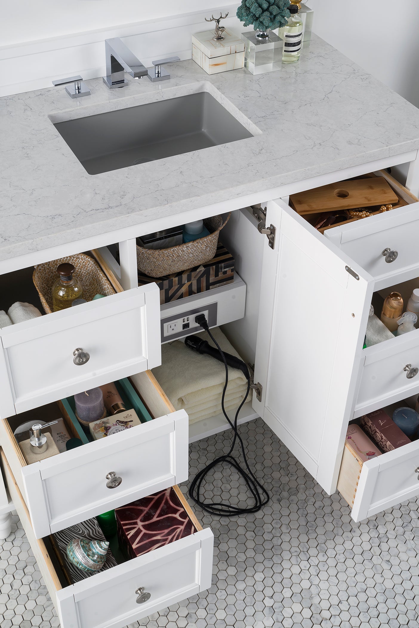 Copper Cove Encore 48 Inch Single Bathroom Vanity Set with Eternal Jasmine Pearl Quartz Top - Bright White Finish - Perfect for Modern Master Bathrooms and Powder Rooms