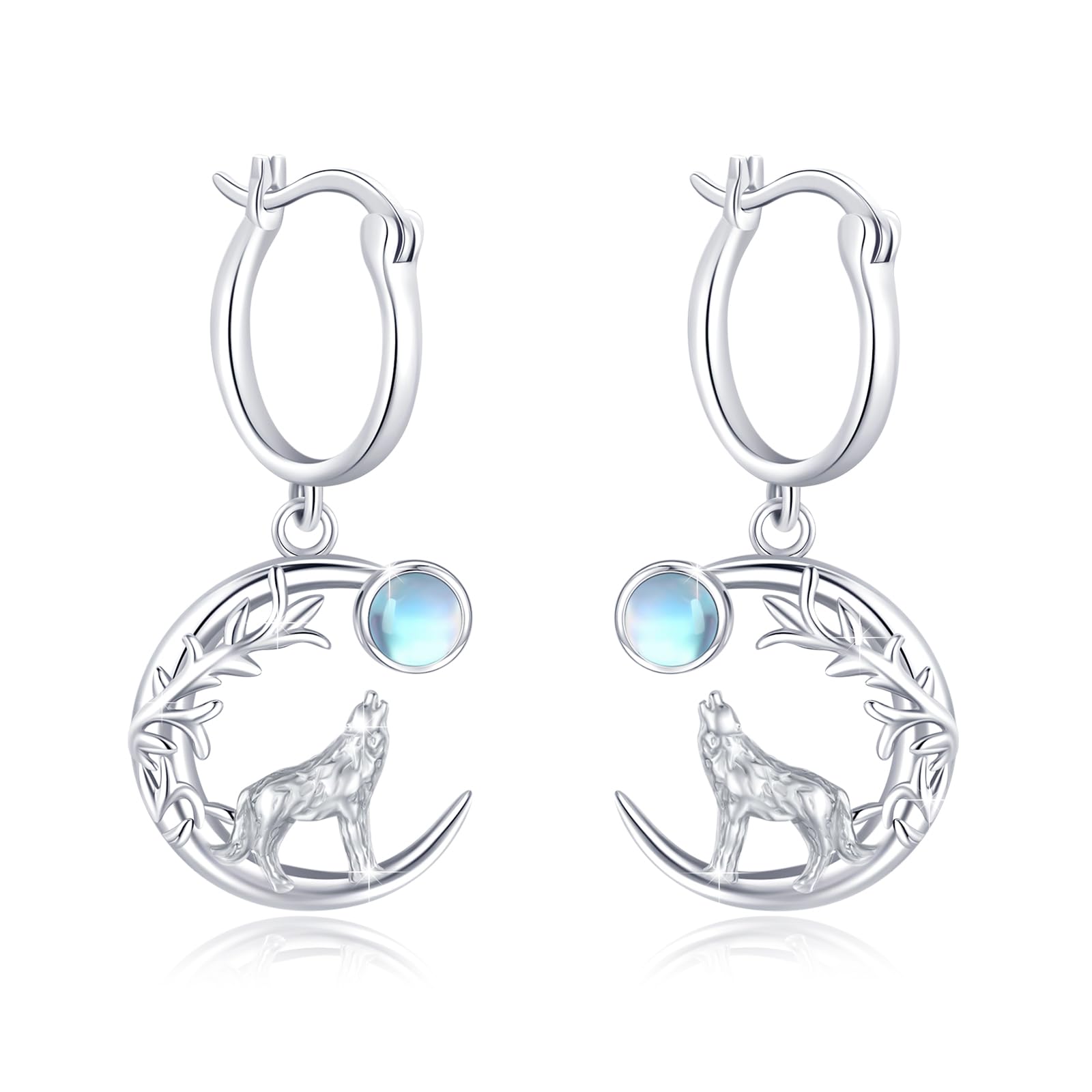S925 Sterling Silver Moonstone Celtic Wolf Dangle Earrings for Women - Howling Wolf Jewelry with Crescent Moon Design, Perfect for Halloween, Cosplay, and Boho Fashion