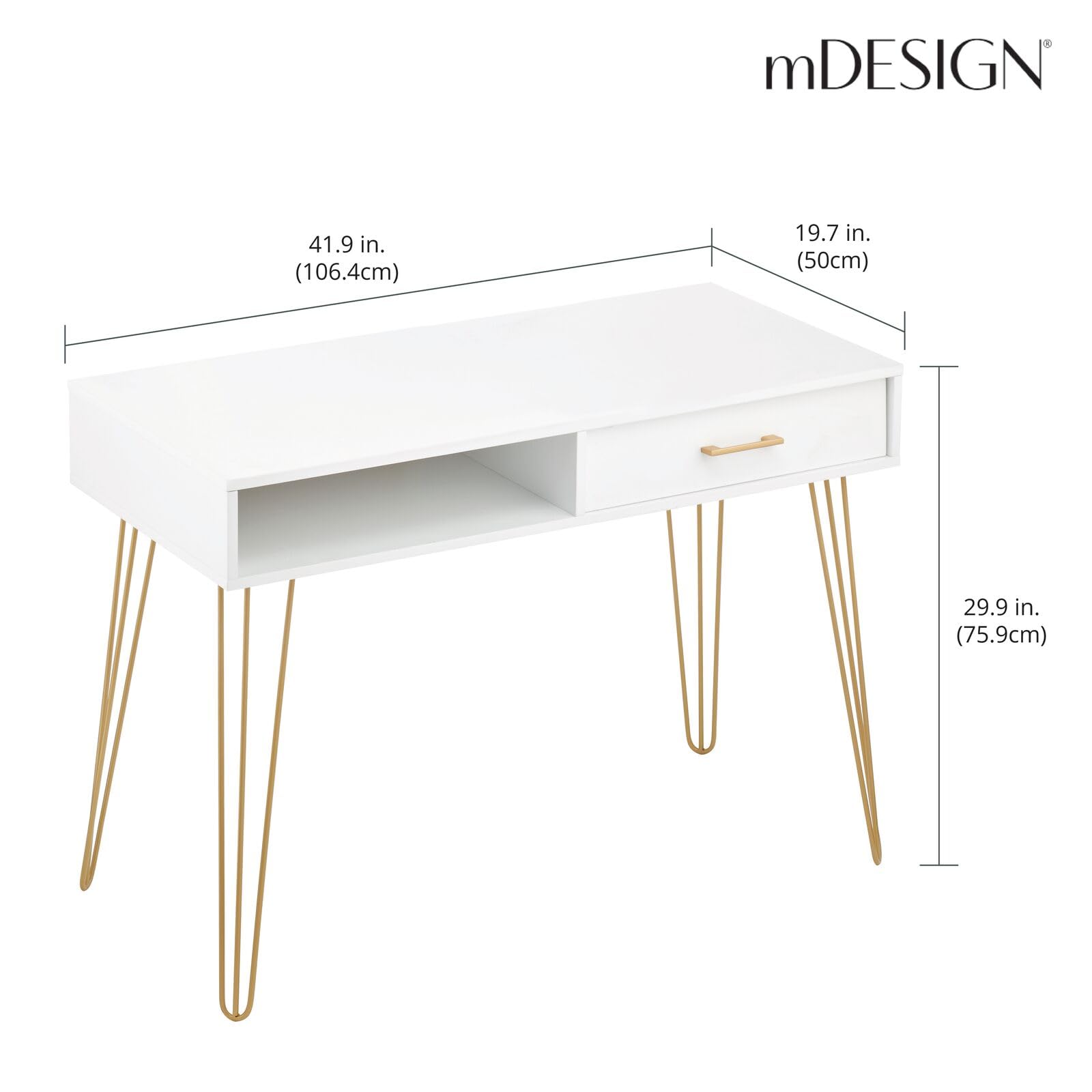 Modern Minimalist Computer Desk with Drawer & Storage Cubby - White/Soft Brass Metal & Wood Home Office Desk with Hairpin Legs - Perfect for Small Spaces, Study Rooms & Remote Workstations