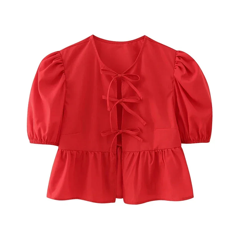 Duomofu Leopard Print Bow Tie Blouse for Women - Loose Fit Y2K Puff Sleeve Pleated Cropped Top | Summer Streetwear Fashion | Perfect for Casual Outings, Parties & Instagram Photos