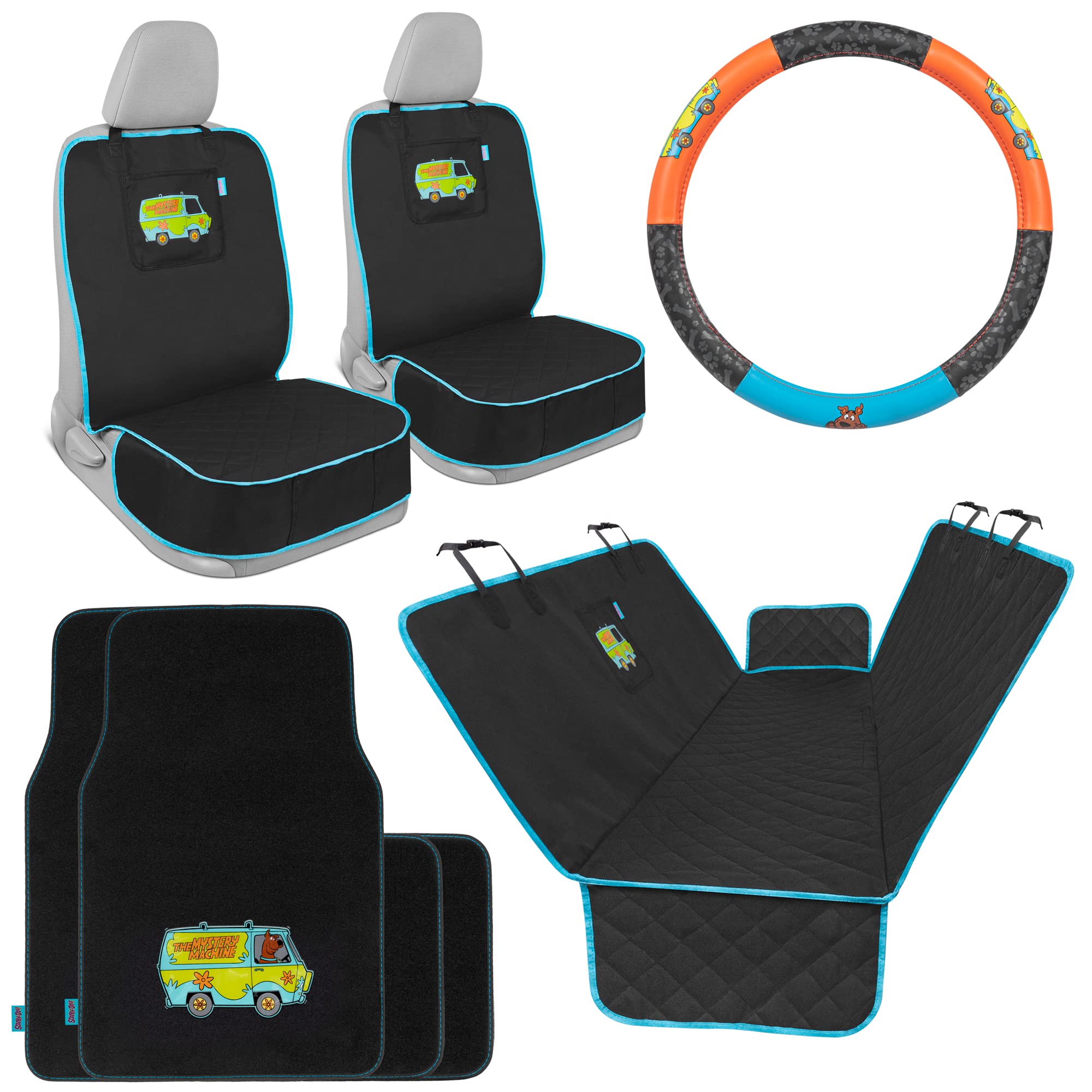 BDK Scooby Doo Complete Car Accessories Set - Dog Seat Covers with Hammock Back Seat Protector, Steering Wheel Cover & Floor Mats for Cars, Trucks, Vans & SUVs | Pet-Friendly Interior Protection for Road Trips & Daily Commutes