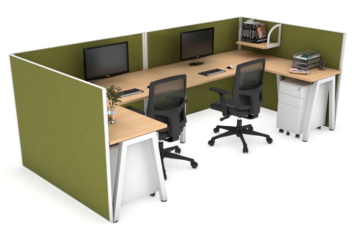 Quadro A Legs 2-Person Corner Workstation - U-Shaped White Frame Office Desk [1400L x 1800W with Cable Management] for Home & Office Workspaces