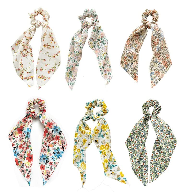 Shidara Floral Chiffon Hair Scrunchies for Women - Soft Elastic Hair Ties, Ribbon Hair Bands & Ponytail Holders - 6-Piece Set (Multi-Color) | Perfect for Work, Parties & Everyday Styling