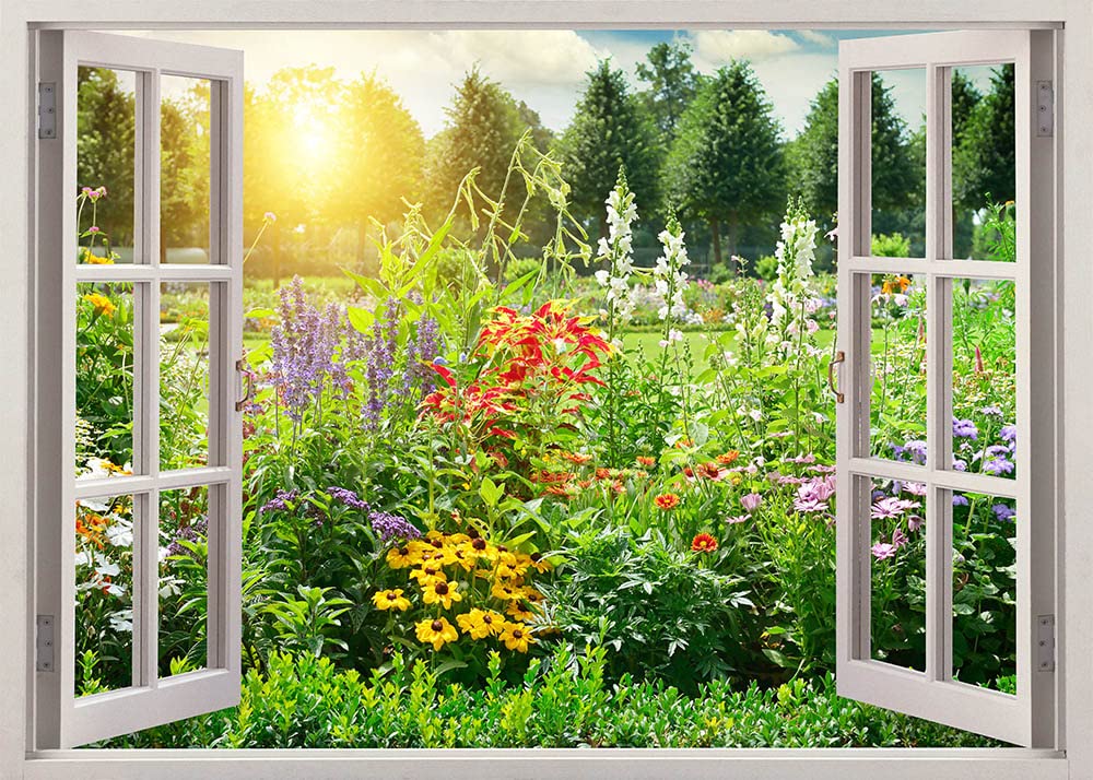 Spring Natural Scenery Photography Backdrop - Sunshine Greenery Floral Window View (5x3ft) | Perfect for Photo Booth, Party Decorations & Studio Props | Ideal for Easter, Baby Showers & Spring-Themed Events