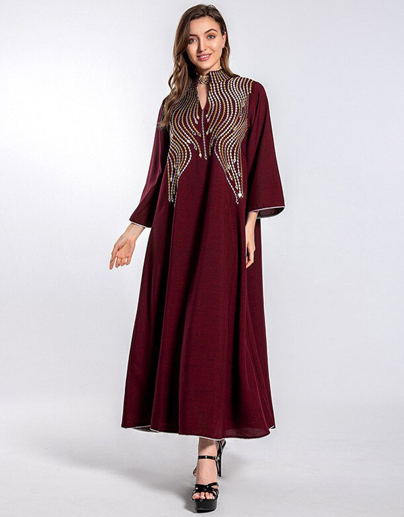 Elegant Long Arabic Dress for Women - Evening Party Gown with Embroidery & Beading - Perfect for Weddings, Galas & Special Occasions