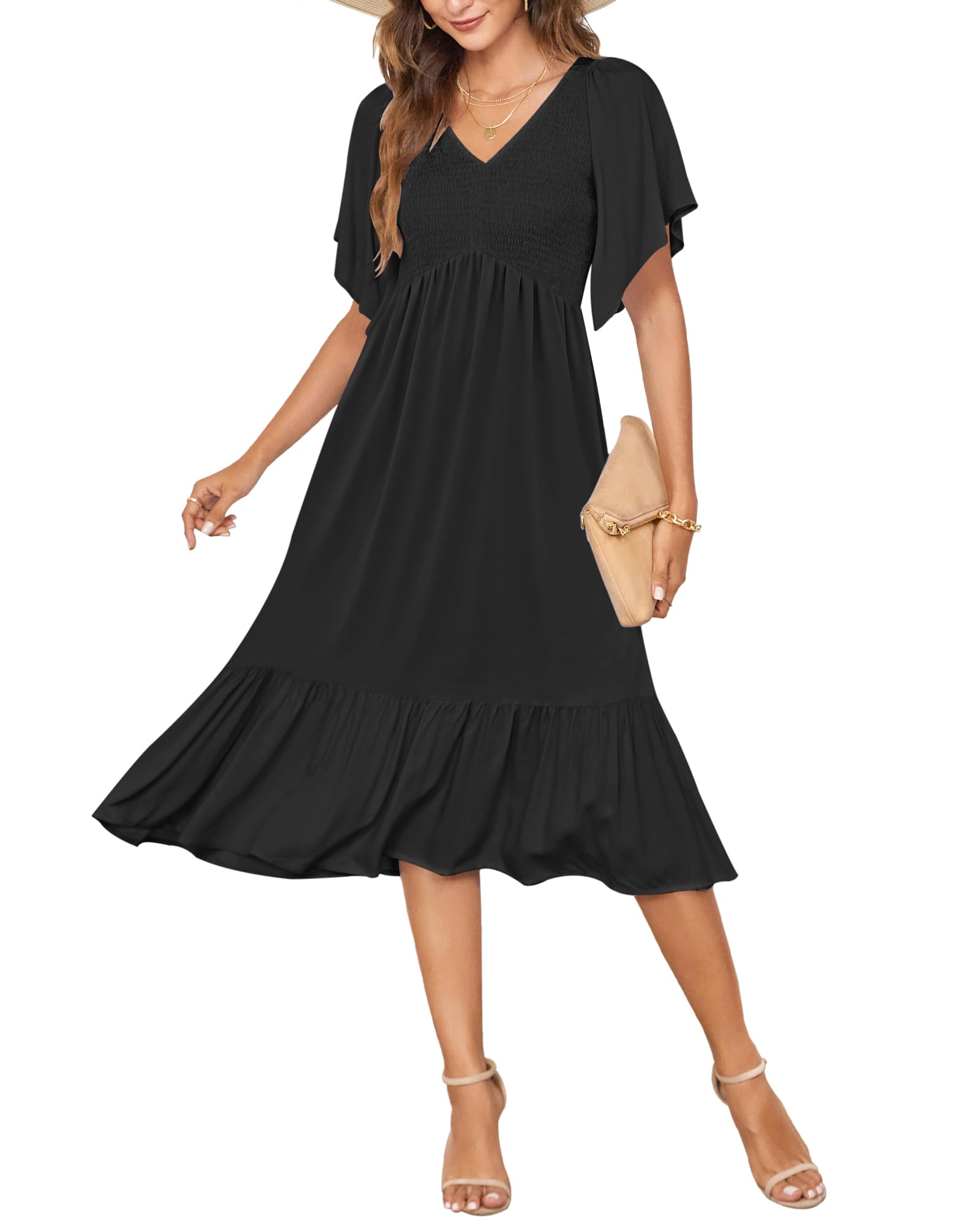 AUSELILY Women's Summer Floral Empire Waist Dress - Smocked Bodice, Flutter Short Sleeve, V-Neck Midi Dress for Beach, Vacation & Casual Wear | 2025 New Collection