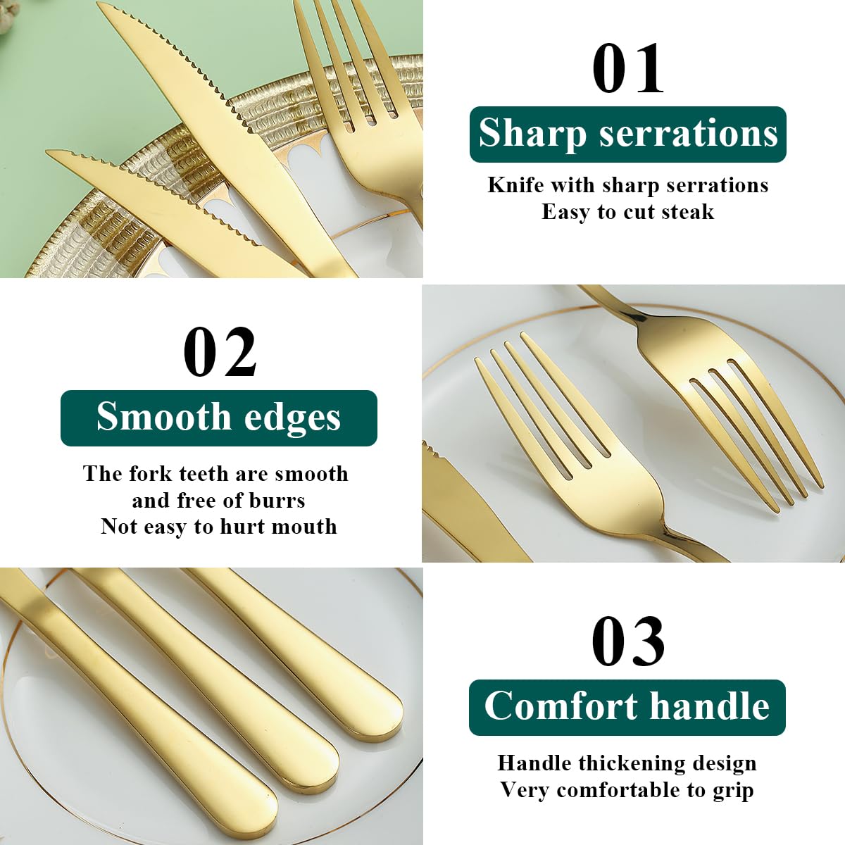 Premium 12-Piece Gold Steak Knives Set - 6 Titanium-Plated Stainless Steel Dinner Knives & 6 Forks - Dishwasher Safe Cutlery for Steak, BBQ, and Fine Dining