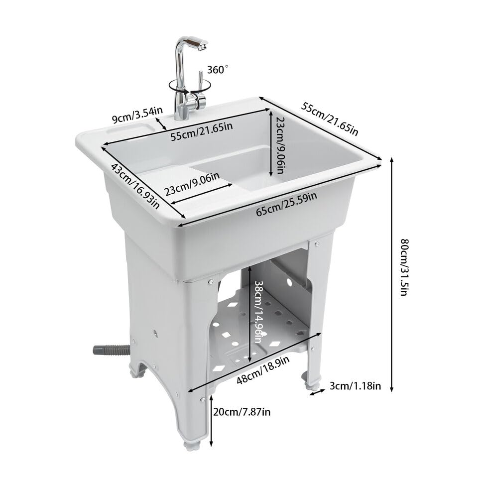 Heavy Duty Freestanding Plastic Laundry Sink with Faucet - Deep Utility Sink Kit with Hose & Drain - Perfect for Laundry Rooms, Basements, Garages & Outdoor Use (60 Models) - Ideal for Washing Pets, Cleaning Tools & Garden Equipment