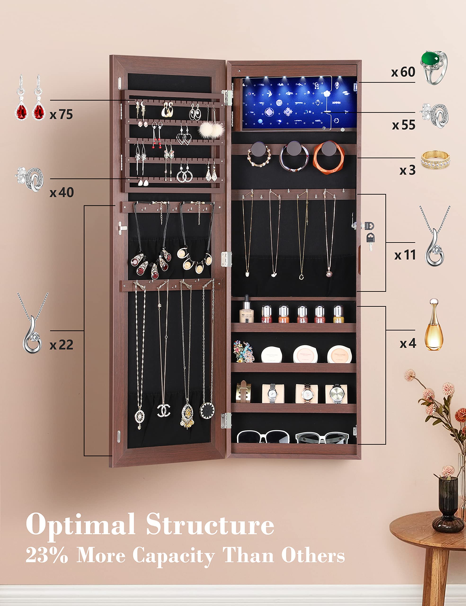 Nicetree 6 LED Vanity Mirror Jewelry Cabinet with Storage - 4.2
