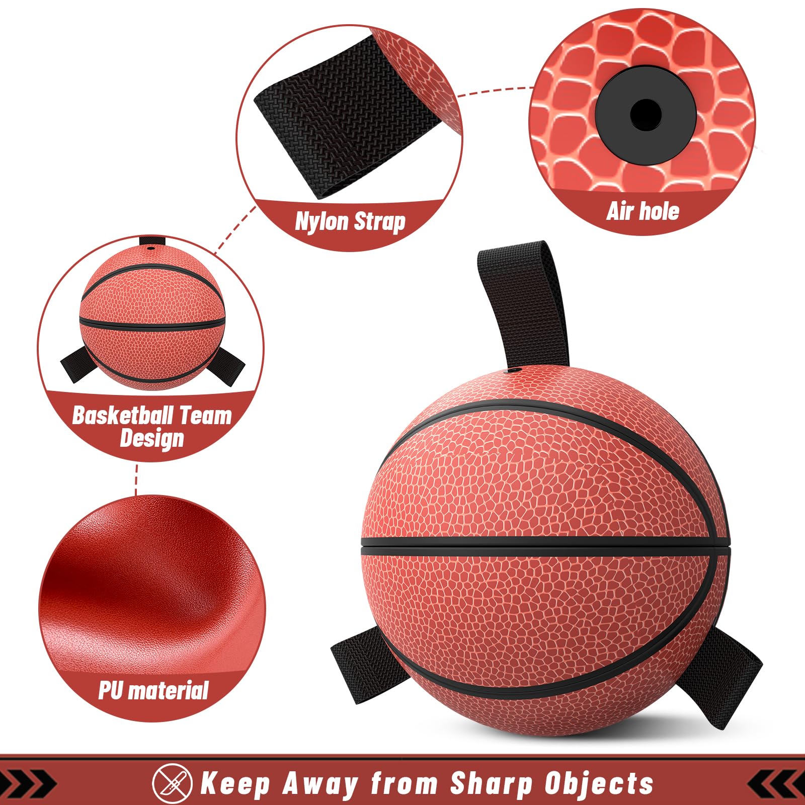 **QDAN 6-Inch Red Dog Ball Basketball Toy with Straps - Durable Tug of War & Water Fetch Toy for Small & Medium Dogs - Perfect for Pool Play, Training, and Birthday Gifts**