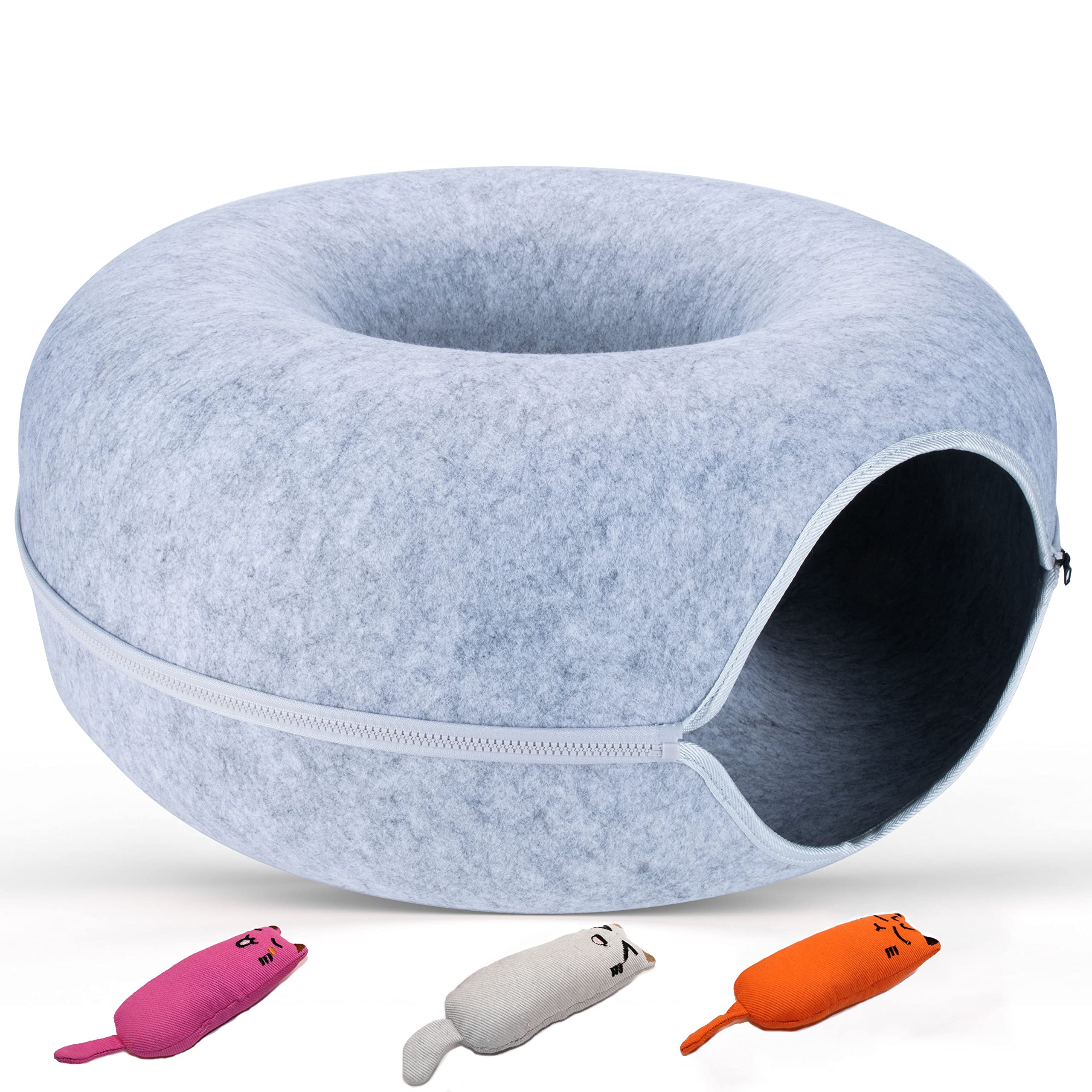 Cozy Cat Cave Bed with Tunnel & Peekaboo Hideout - Plush Donut Cat Bed for Small to Large Cats (Up to 20lbs) - Includes 3 Fun Plush Toys - Light Grey Pet Furniture for Indoor Cats - Perfect for Napping, Playtime & Stress Relief