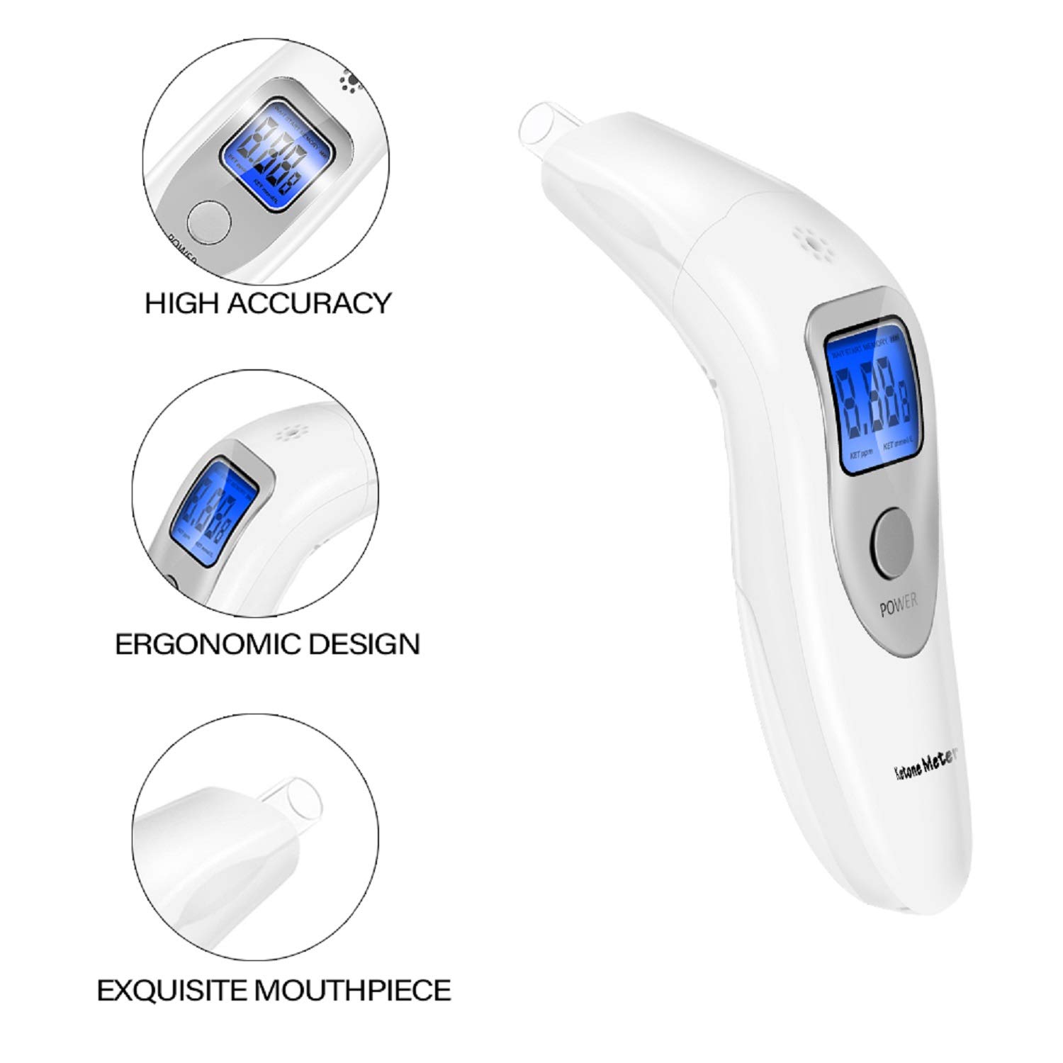 Ketone Breathalyzer for Weight Loss - Ketogenic Diet Breath Analyzer with 10 Disposable Mouthpieces (White, 13-Piece Set) | Track Ketosis for Keto Diet & Fitness Goals