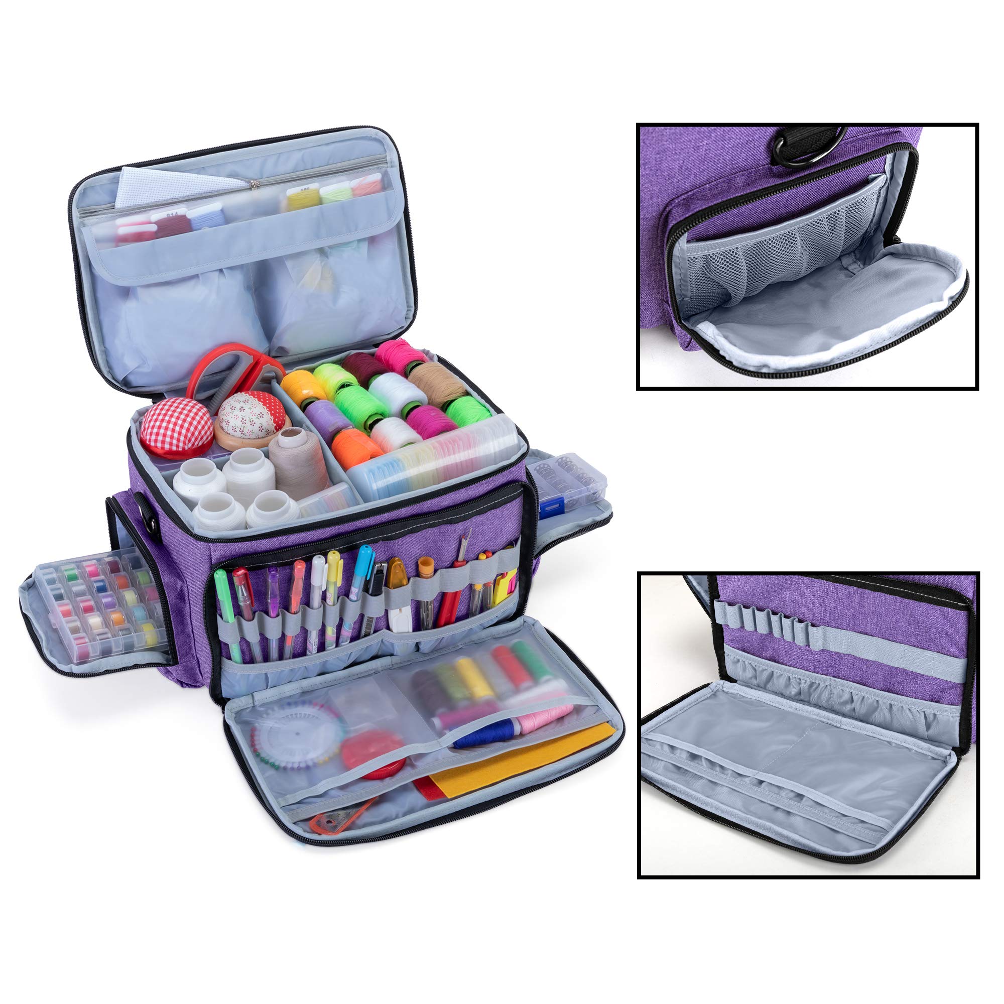 LUXJA Large Capacity Sewing Accessories Organizer Bag with Adjustable Shoulder Strap - Patent Design Purple Sewing Supplies Storage for Quilting, Embroidery & Craft Projects at Home or Travel