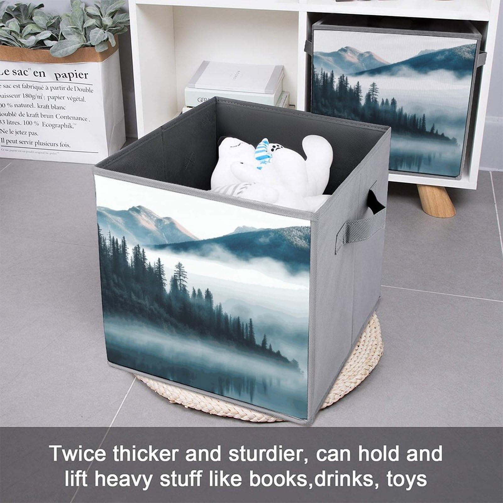 6-Piece Collapsible Storage Bins with Handles - Foggy Mountains Printed Foldable Organizing Baskets for Home, Office & Closet | Space-Saving Storage Boxes for Shelves, Pantry & Laundry Room Organization