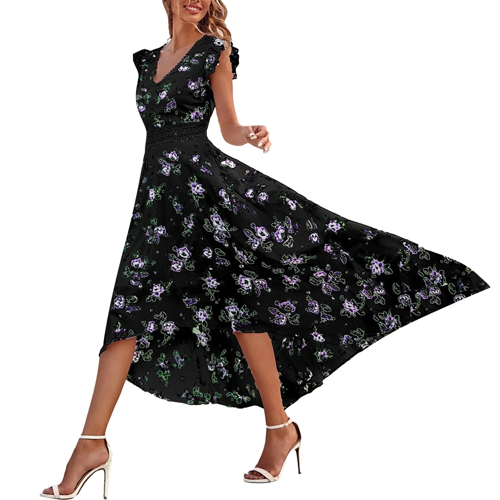 Women's Summer Halter Dress - V Neck Sleeveless Floral Print Lace Hollow Out Beach Dress for Vacation, Party, Date Night & Outdoor Events