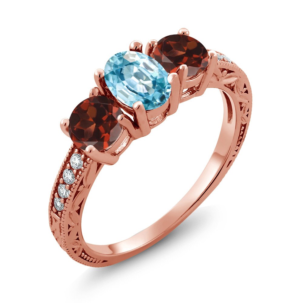 2.42 Ct Oval Blue Zircon & Red Garnet 18K Rose Gold Plated Silver Ring for Women - Elegant Birthstone Jewelry Gift for Anniversary, Valentine's Day & Special Occasions