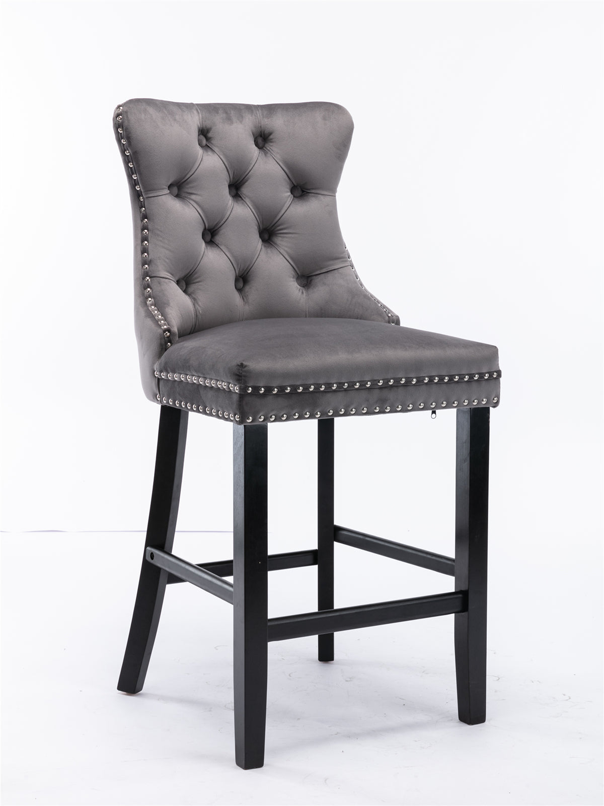 Contemporary Velvet Upholstered Bar Stools with Button Tufted Back & Wooden Legs - Set of 2 Gray Bar Chairs with Chrome Nailhead Trim for Kitchen Island, Breakfast Nook & Home Bar Decor (SW1902GY)