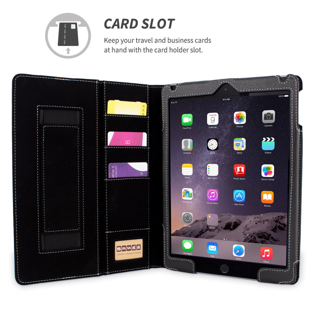 Premium Leather Smart Case for Apple iPad Air 2 - Snugg Executive Black Protective Cover with Auto Wake/Sleep Function & Flip Stand | Perfect for Business, Travel, and Home Use