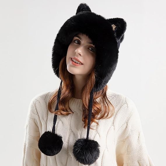 Cozy Fluffy Knit Beanie Hats for Women - Winter Warm Pompom Beanie with Cat Ears & Adjustable Drawstring - Perfect for Cold Weather, Outdoor Activities & Fashion Accessories