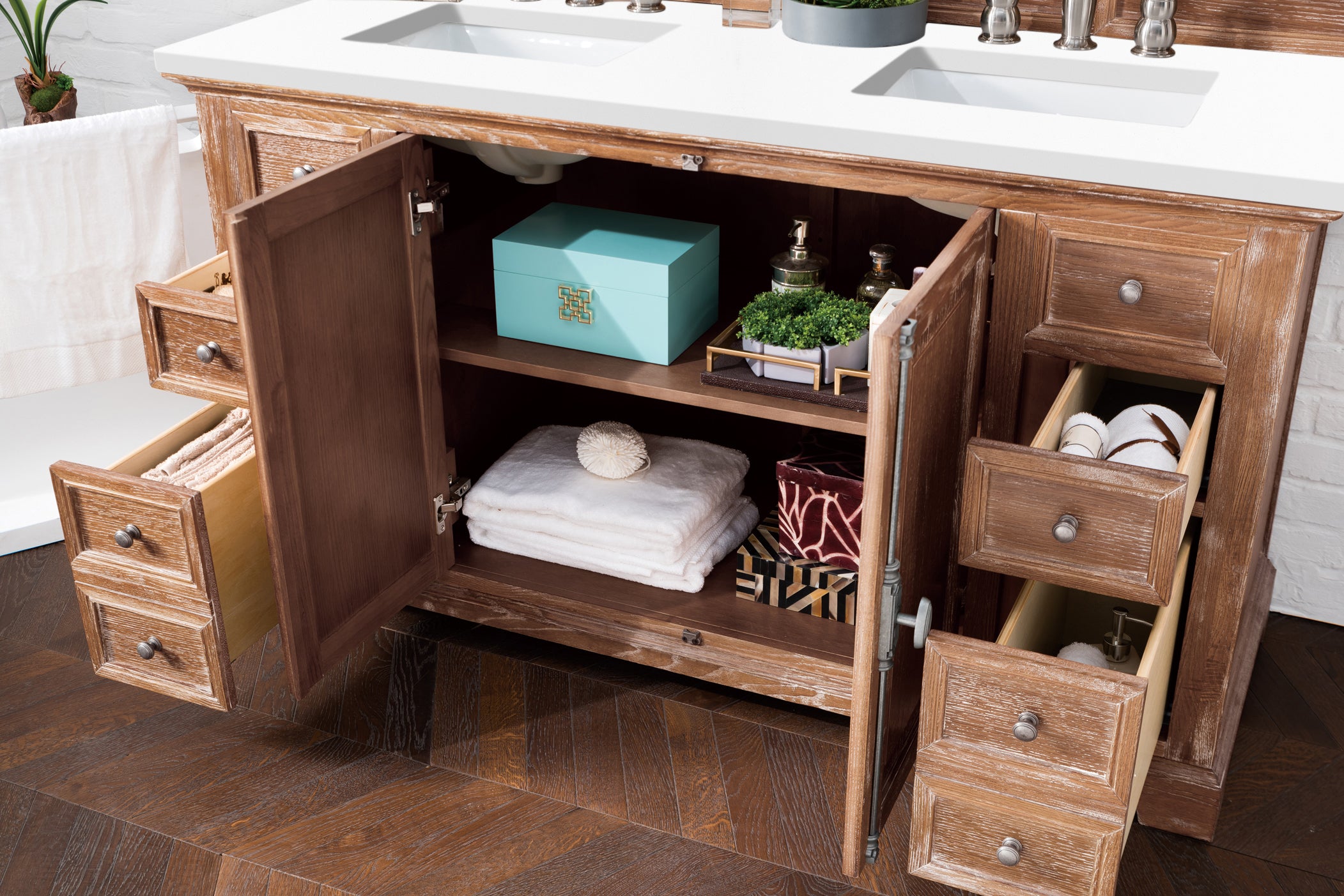 Providence 60-Inch Double Vanity Cabinet in Driftwood Finish with 3CM White Zeus Quartz Countertop - Perfect for Modern Bathroom Renovation & Luxury Home Upgrade