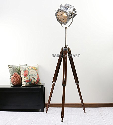 NAUTICALMART Nickel Finish Wooden Tripod Floor Lamp - Modern Living Room Lighting for Home Decor, Bedroom & Office