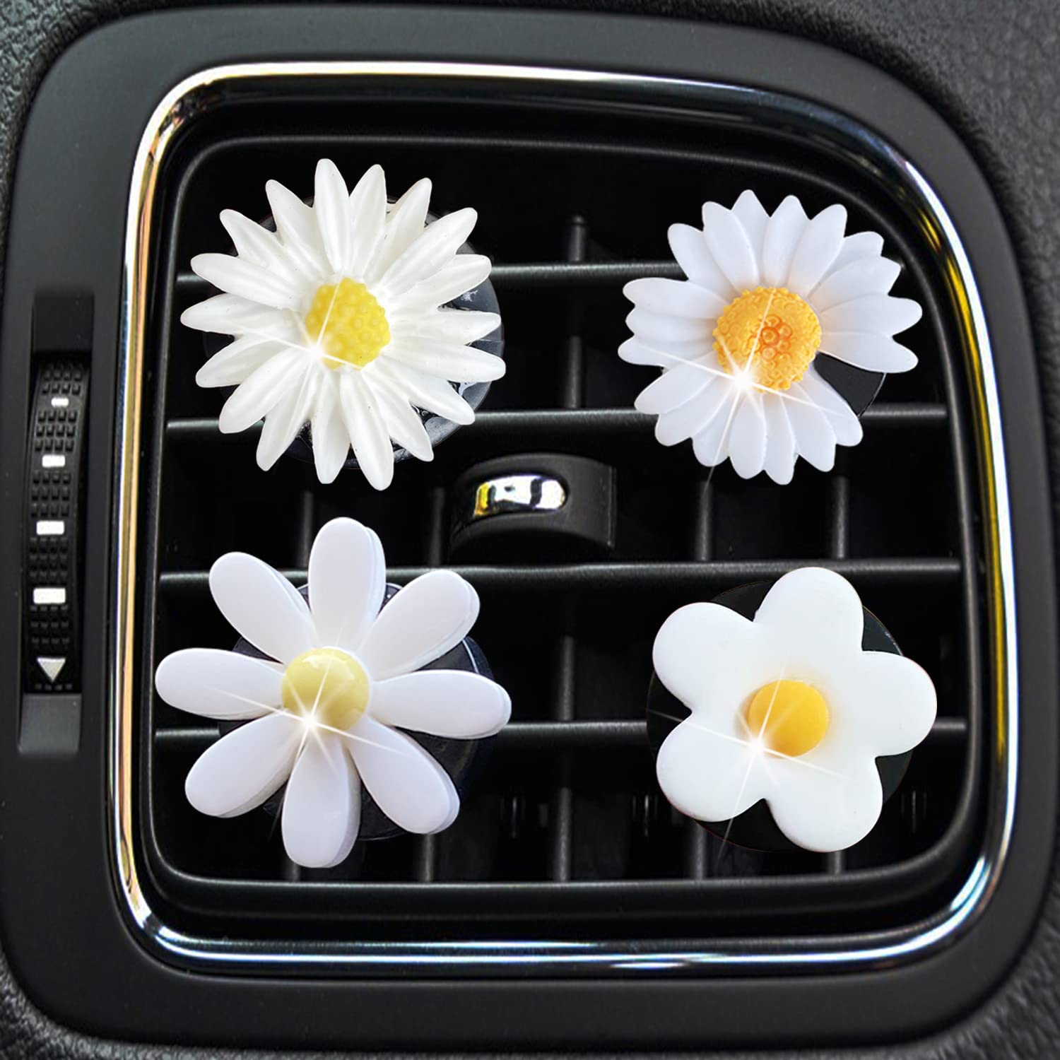 4 Pcs Daisy Air Vent Clips - Cute Flower Car Air Fresheners with Adjustable Fragrance for Women & Girls | Car Interior Decor Accessories | Perfect for Sedans, SUVs & Office Desks (White)