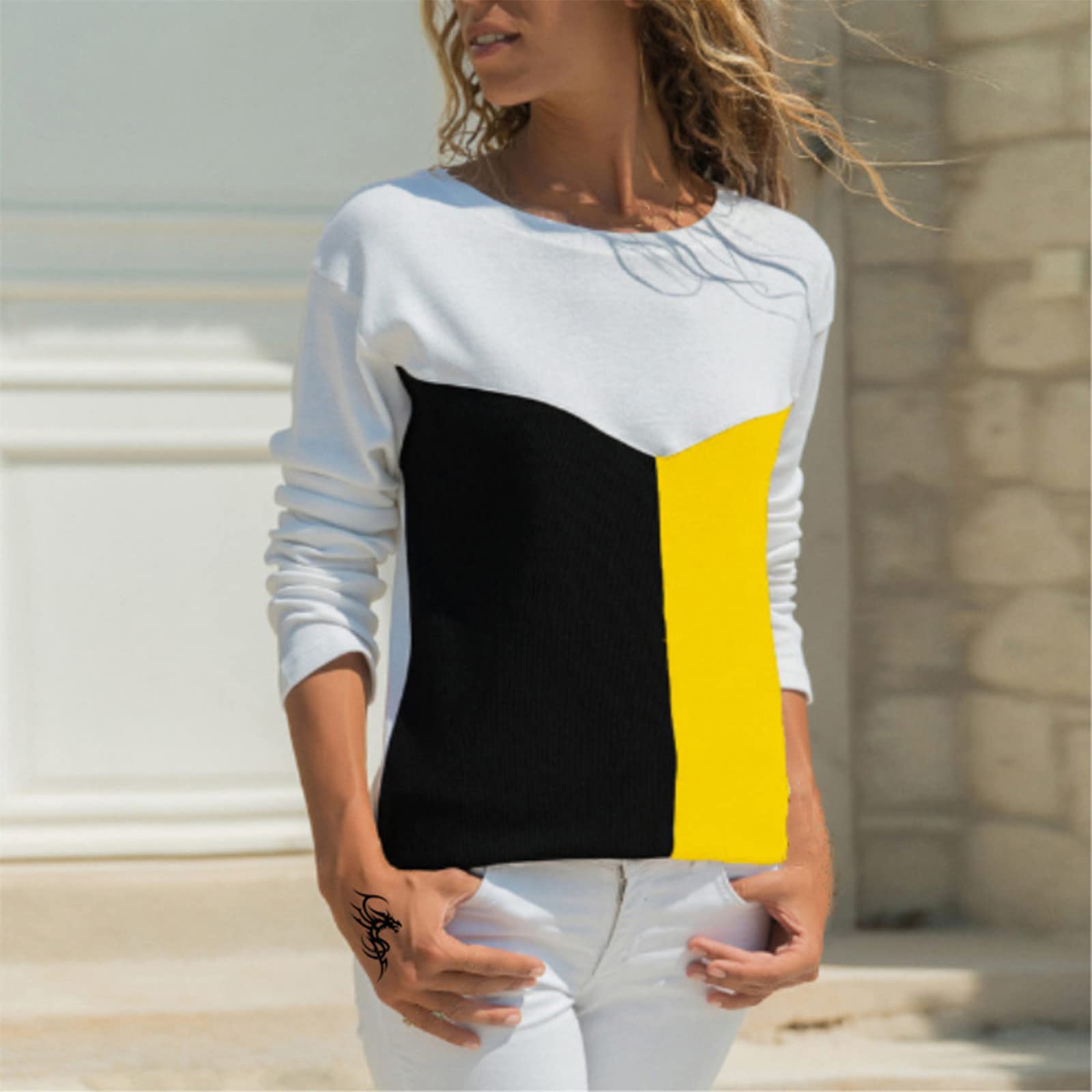 Trendy Women's Casual Round Neck Long Sleeve Color Block T-Shirt - Soft Pullover Printed Blouse for Everyday Wear | Perfect for Work, Weekend & Layering