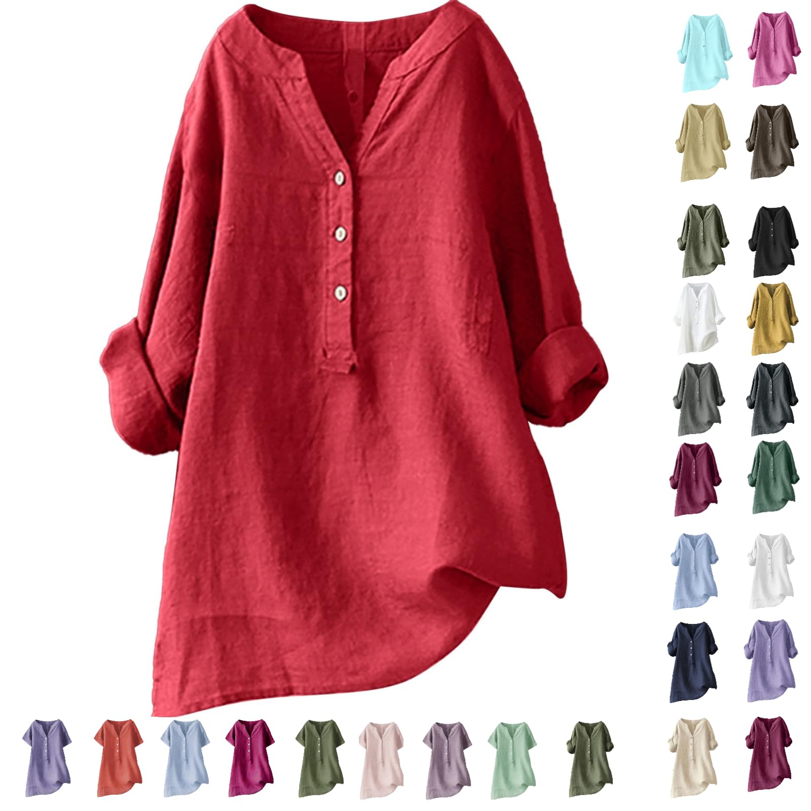Women's Cotton Linen Shirts - 3/4 Sleeve Solid Color Tunic Tops, Oversized Casual V-Neck Blouses for Women | Perfect for Work, Date Night & Summer Outfits