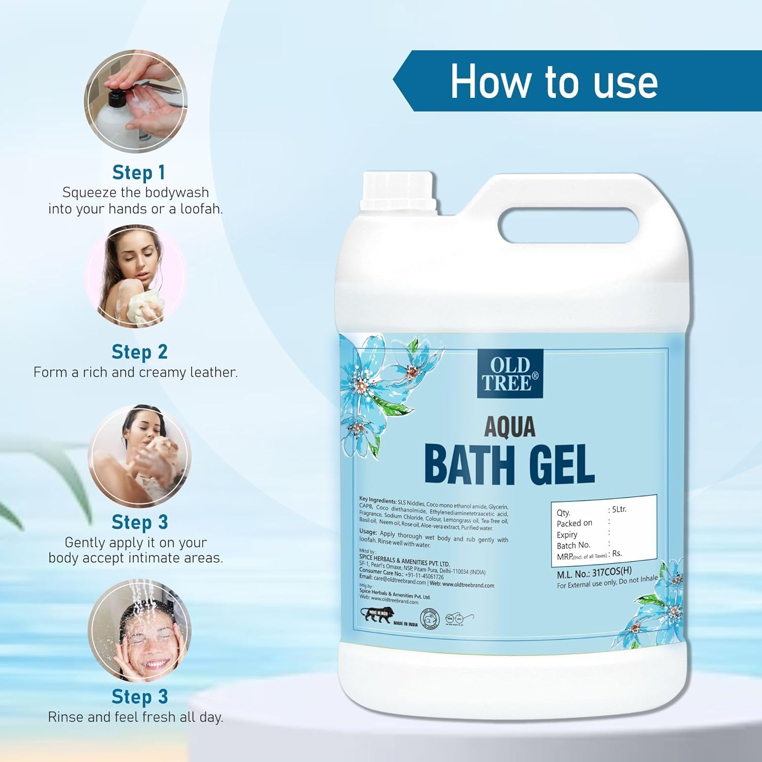 O'ld Tree Aqua Body Wash Gel - 169.07 Fl Oz (1.33 Gallons) Refillable Moisturizing Shower Gel for Dry Skin - Hotel Amenities, Guest House, Hospital & Wedding Venue Supplies - Perfect for Spa, Gym & Luxury Bathroom Use