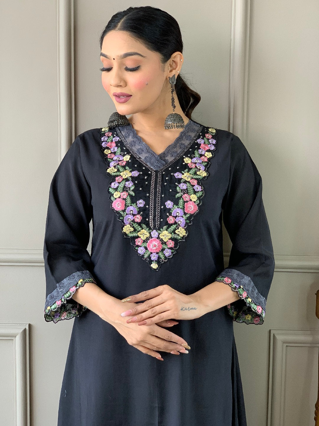 Elegant Black Designer Ready-Made Pant Suit with Printed Embroidery Work - Formal Office Wear & Special Occasion Outfit for Women