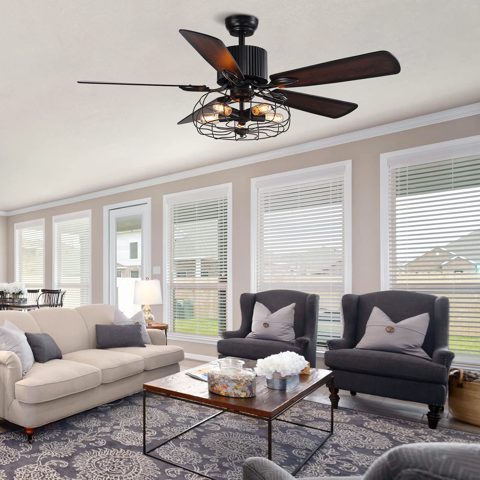 CROSSIO 52 Inch Farmhouse Ceiling Fan with Light Kit and Remote Control - Industrial Style Cage Ceiling Fan - 5 Reversible Wooden Blades - Rustic Black Finish - Perfect for Dining Room, Living Room, Bedroom, Porch and Patio