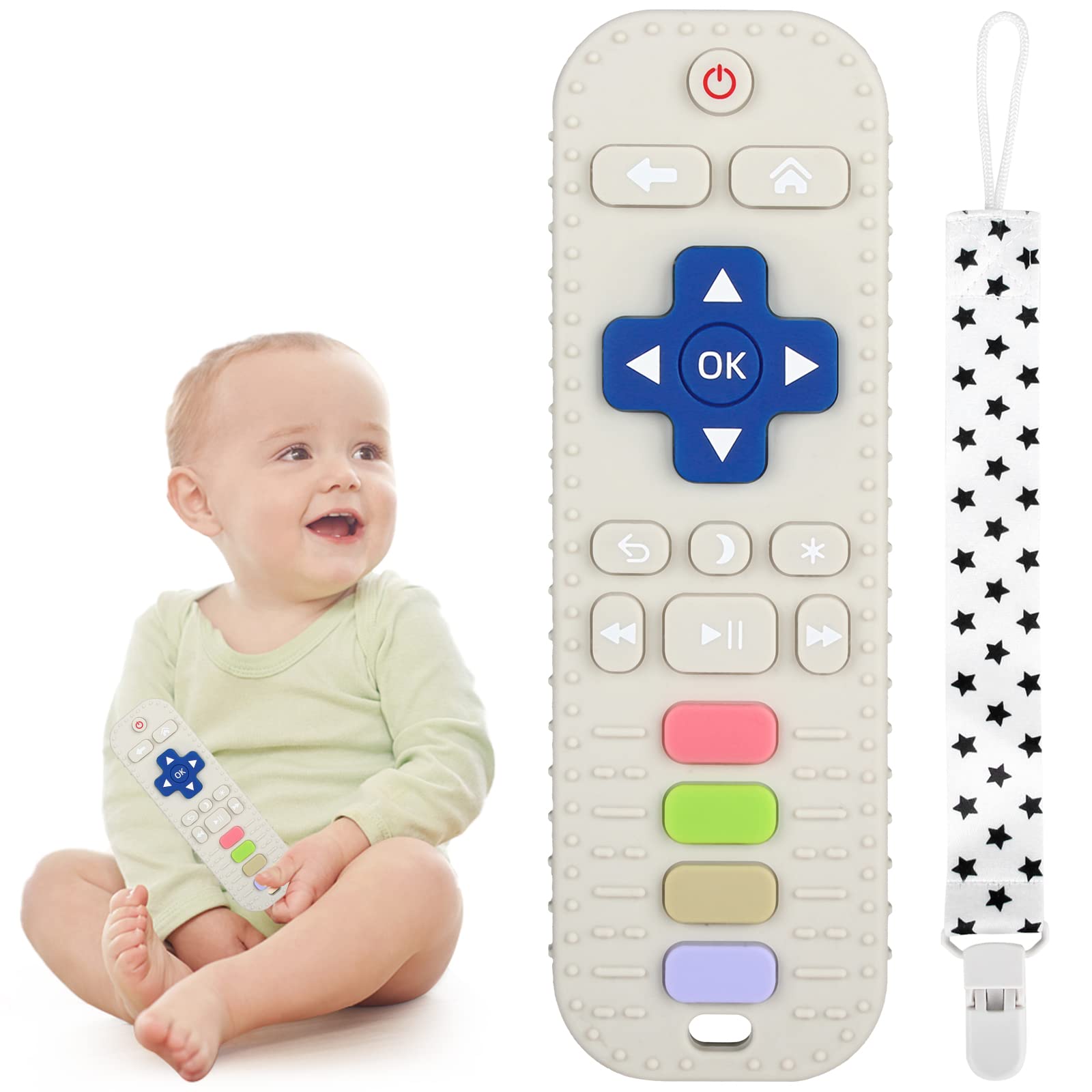 Chuya Silicone Baby Teether Toy - TV Remote Control Shape, Safe Chew Toy for Infants 3+ Months, Teething Relief for Babies, Perfect for Home, Travel, and On-the-Go Use (White)